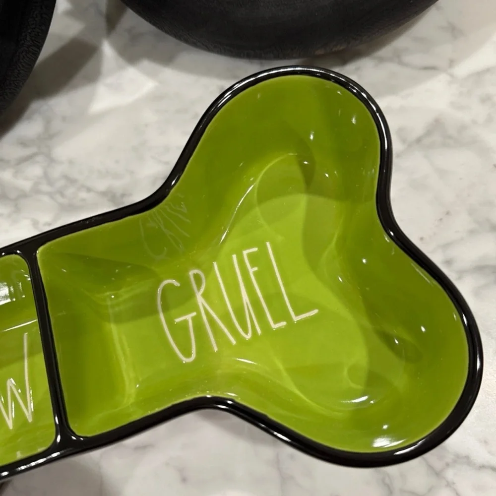 Rae Dunn BREW GRUEL Black & Green Ceramic Glaze Bone-Shaped Pet Bowl
